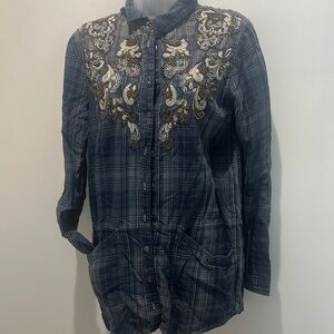 Free People Stevie's Embellished Plaid Tunic Shirt  M Blue Flannel Western